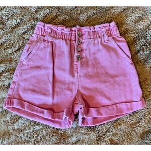 Forever 21 Pink Denim Shorts Girls 11/12 Elastic Waist Button Fly Rolled Hem